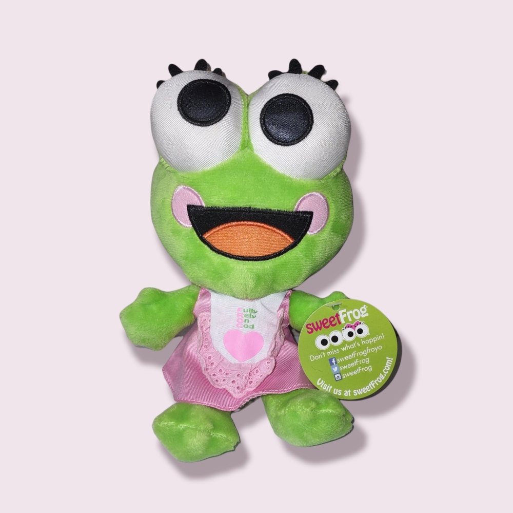 ✓Sweet Frog Yogurt Preppy Mascot Fully Rely On God Girl Pink Dress Hair Bow 8in
